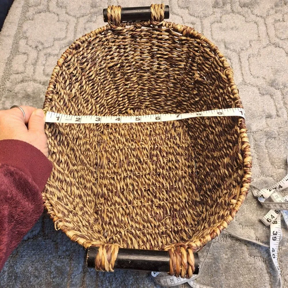WICKER BASKET WITH WOODEN HANDLES MEDIUM TAN BROWN WOVEN OVAL WOODEN BOHO DECOR